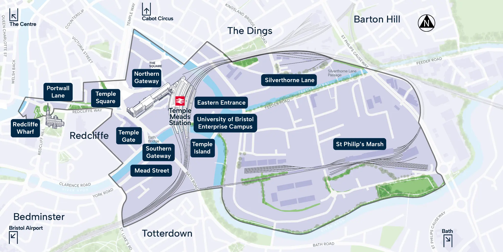 Bristol Temple Quarter map Map showing key locations at Bristol Temple Quarter. Temple Meads station is in the centre, with development areas marked on either side. To the right (north) is the Northern Gateway which includes Temple Quay, The Friary and the current back entrance to the station. Temple Square and Portwall lane are shown across from The Friary in the direction of Queen Square and the harbourside. Station Approach is shown directing in front of the main station building with Midland Shed and Passenger Shed on the left. To the right of Station Approach is the listed Bristol and Exeter House and below this is Lower Station Approach which is a development site within the Temple Quarter programme. Across the road from the main entrance is Temple Gate. Across the river from Temple Gate on the right is Mead Street. To the right of the station main entrance and across Cattle Market Road and the River Avon is the Southern Gateway, a proposed new transport hub. Across the railway lines to the right (south) is Temple Island and the across Cattle Market Road and the river from Temple Island, adjacent the main station platforms, will be the University of Bristol’s new Enterprise Campus and the Eastern Entrance to the station. Further to the right is shown the wider St Philip’s area including the Silverthorne Lane development. The map also shows the new harbour walkway project linking the university campus at Totterdown Basin to the ferry landing at Temple Quay.