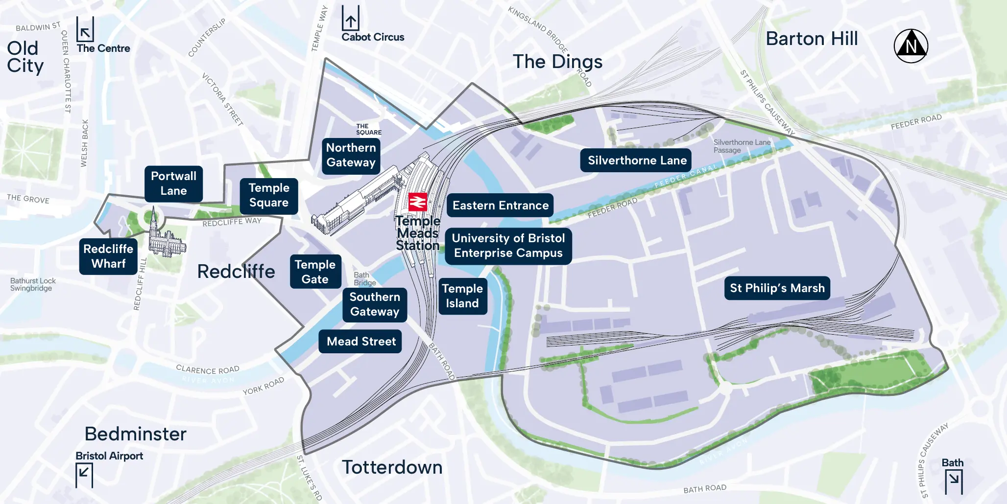 Bristol Temple Quarter map Map showing key locations at Bristol Temple Quarter. Temple Meads station is in the centre, with development areas marked on either side. To the right (north) is the Northern Gateway which includes Temple Quay, The Friary and the current back entrance to the station. Temple Square and Portwall lane are shown across from The Friary in the direction of Queen Square and the harbourside. Station Approach is shown directing in front of the main station building with Midland Shed and Passenger Shed on the left. To the right of Station Approach is the listed Bristol and Exeter House and below this is Lower Station Approach which is a development site within the Temple Quarter programme. Across the road from the main entrance is Temple Gate. Across the river from Temple Gate on the right is Mead Street. To the right of the station main entrance and across Cattle Market Road and the River Avon is the Southern Gateway, a proposed new transport hub. Across the railway lines to the right (south) is Temple Island and the across Cattle Market Road and the river from Temple Island, adjacent the main station platforms, will be the University of Bristol’s new Enterprise Campus and the Eastern Entrance to the station. Further to the right is shown the wider St Philip’s area including the Silverthorne Lane development. The map also shows the new harbour walkway project linking the university campus at Totterdown Basin to the ferry landing at Temple Quay.