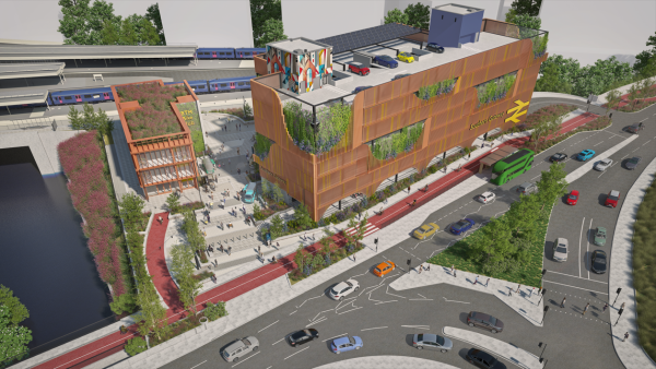 Image showing the Southern Gateway car park, next to the Bath Road/A4. A second building is on the left, close to Temple Meads station. This is the cycle hub.