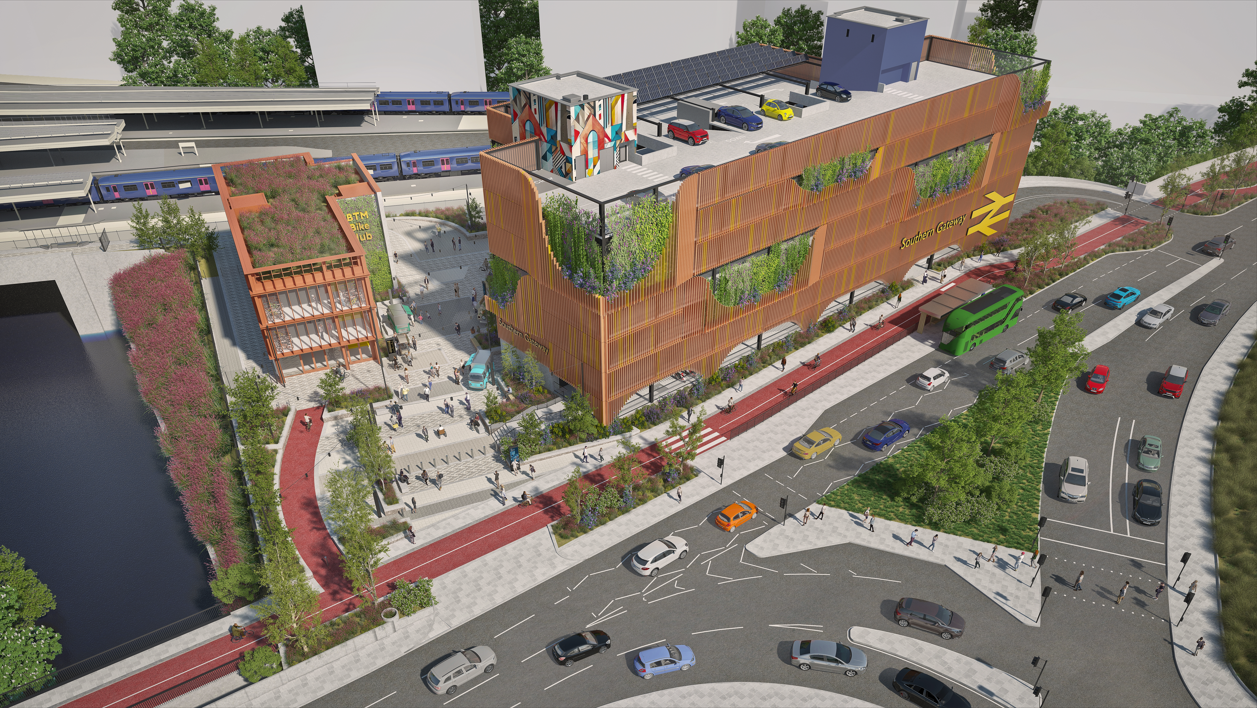 Image showing the Southern Gateway car park, next to the Bath Road/A4. A second building is on the left, close to Temple Meads station. This is the cycle hub.