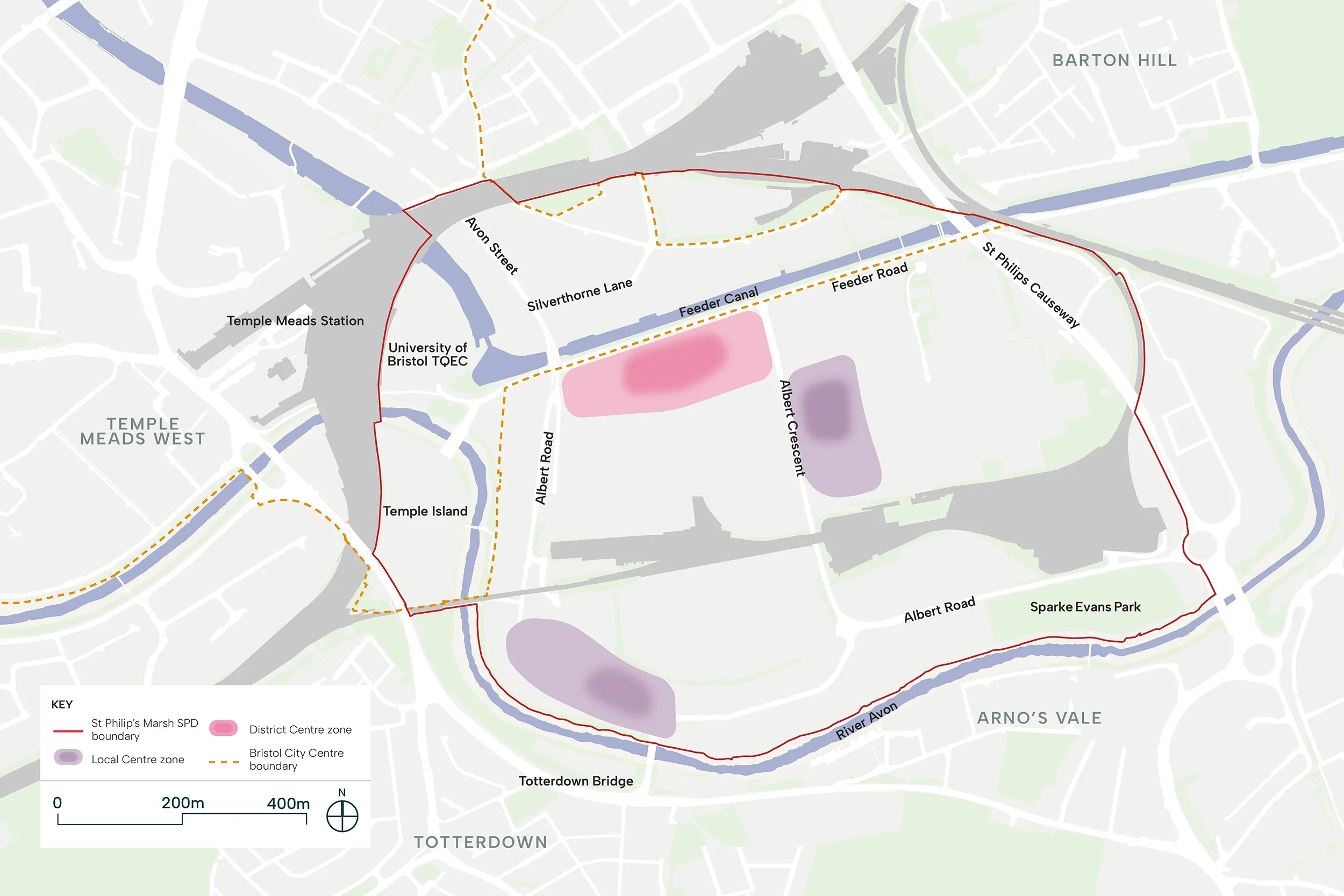 This map image shows the locations where a district centre should be located along Feeder Road, with smaller local centres on Albert Crescent and the Southern area of Albert Road.
