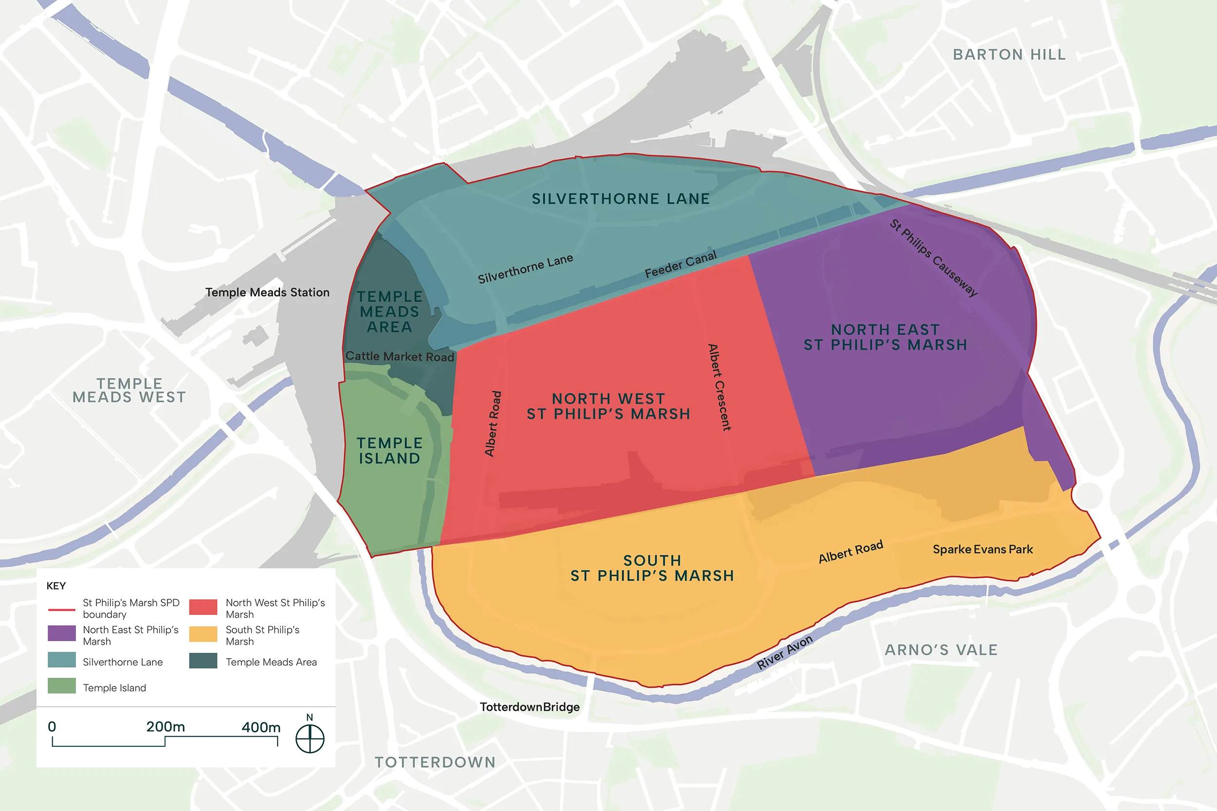 This map image shows the different character areas identified in the SPD for St Philip’s Marsh.  The areas are described in the text and include:
Silverthorne Lane in the north-east.
Temple Island in the south-west.
Temple Mead to the north-west.
North-West St Philip’s Marsh.