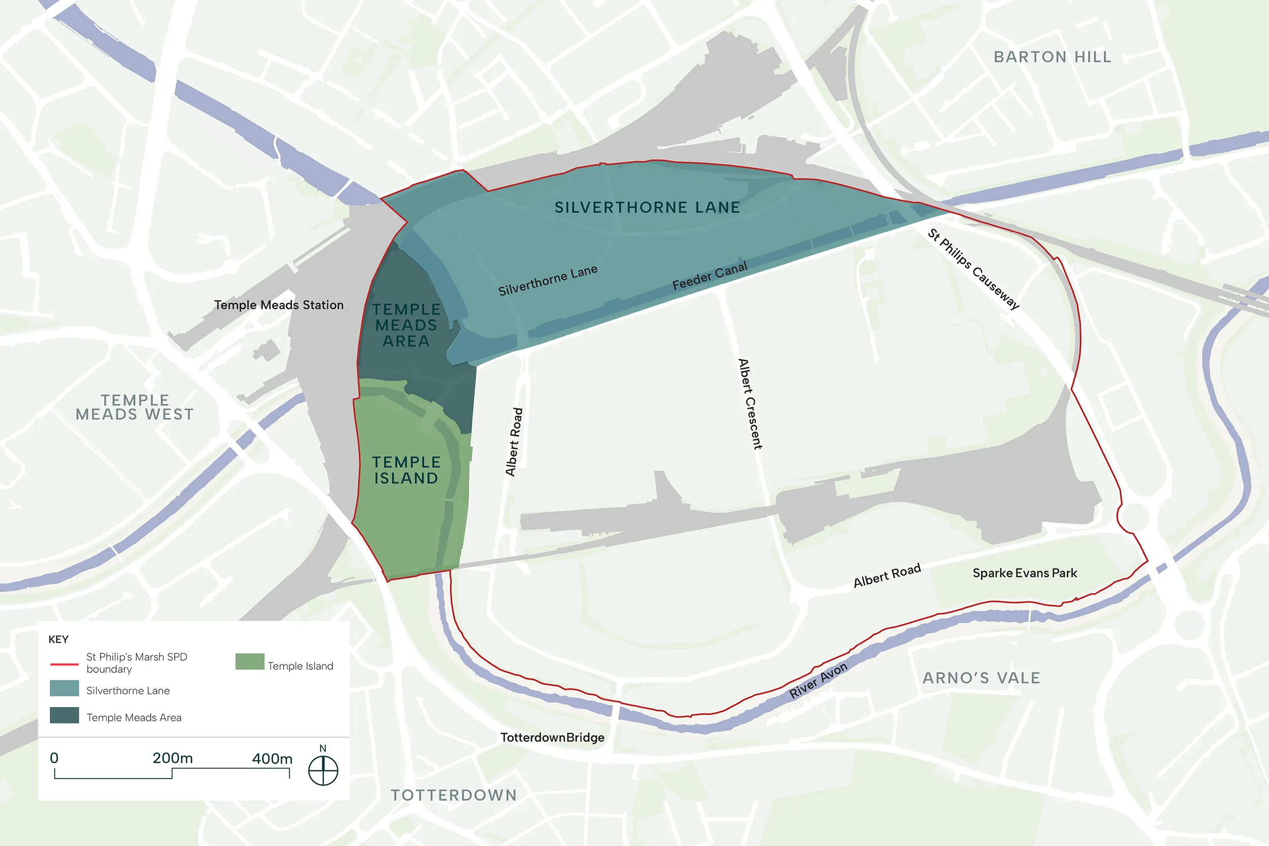 Character Areas -Silverthorne Lane, Temple Meads and Temple Island. This map image illustrates the areas being described in the accompanying text.
