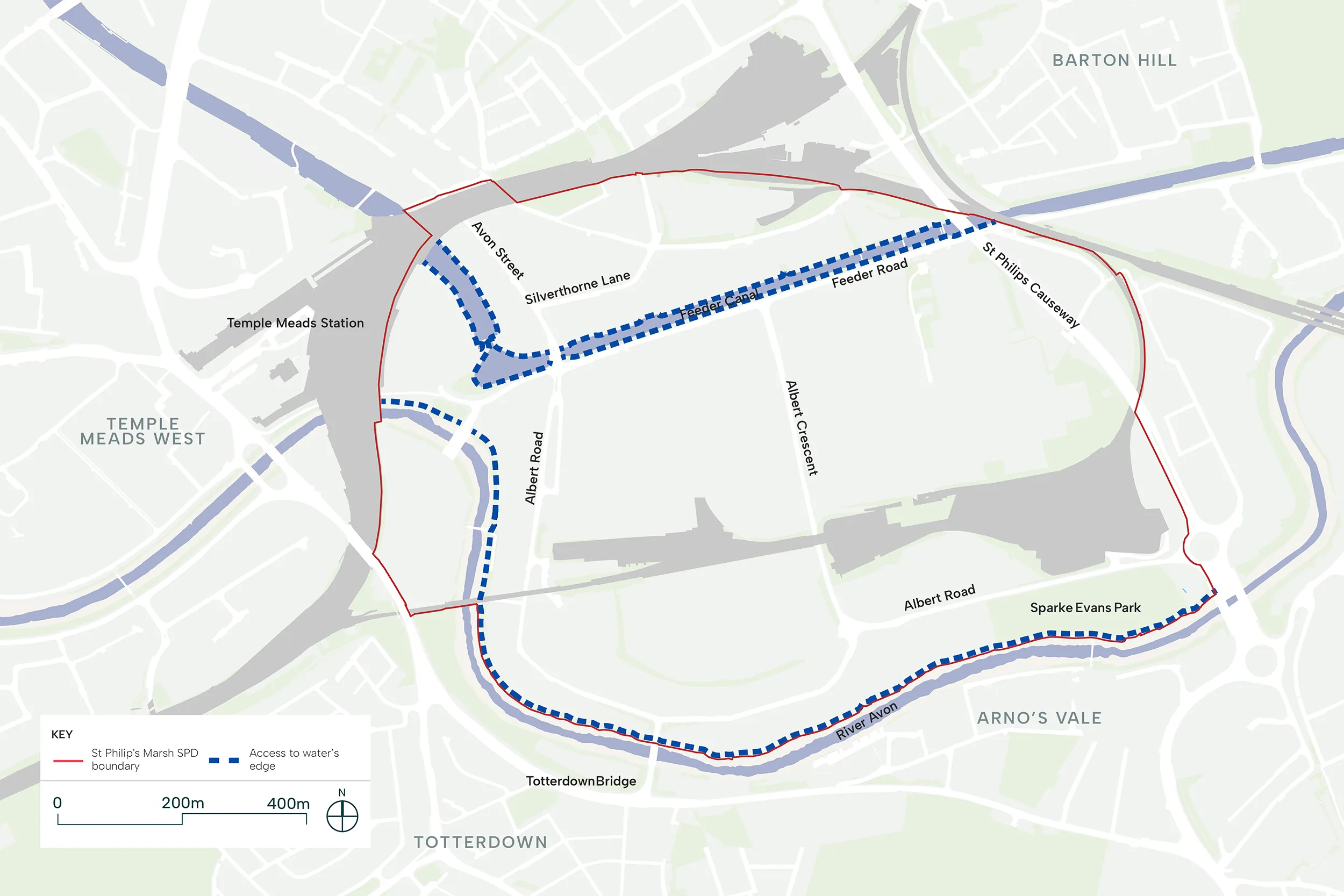 This map image illustrates the water’s edge within the SPD boundary, around Feeder Canal and the River Avon.
