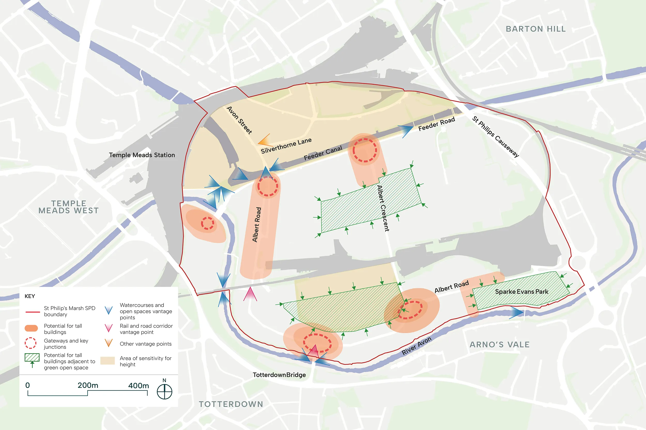 The illustrated map shows the places where there is the potential for height which includes along Albert Road in the North West, at key junctions along Feeder Road and to the south.  Additionally it shows potential for height surround parks and green spaces such as Sparke Evans Park and the possible location of two new park in the centre and to the south of St Philips.