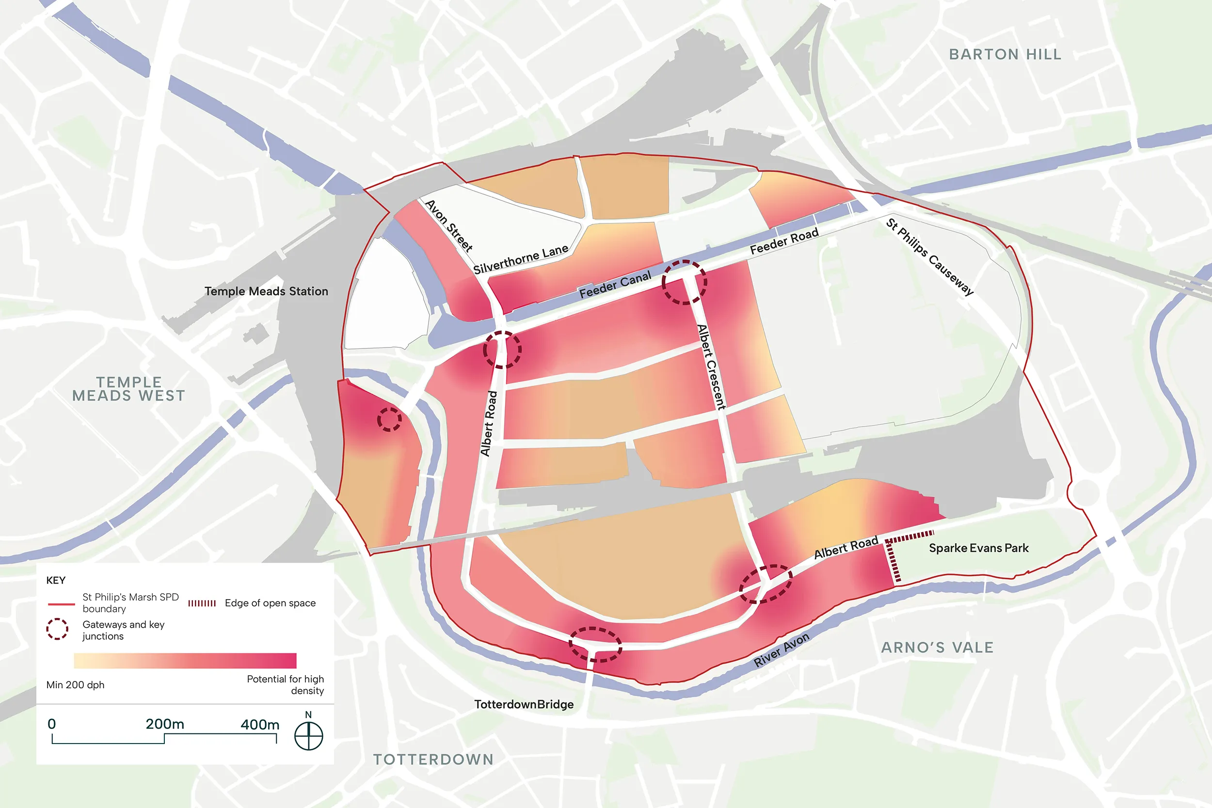 This map image illustrates the text and identifies areas of different levels of density suggesting higher density closer to the water and at key junctions.