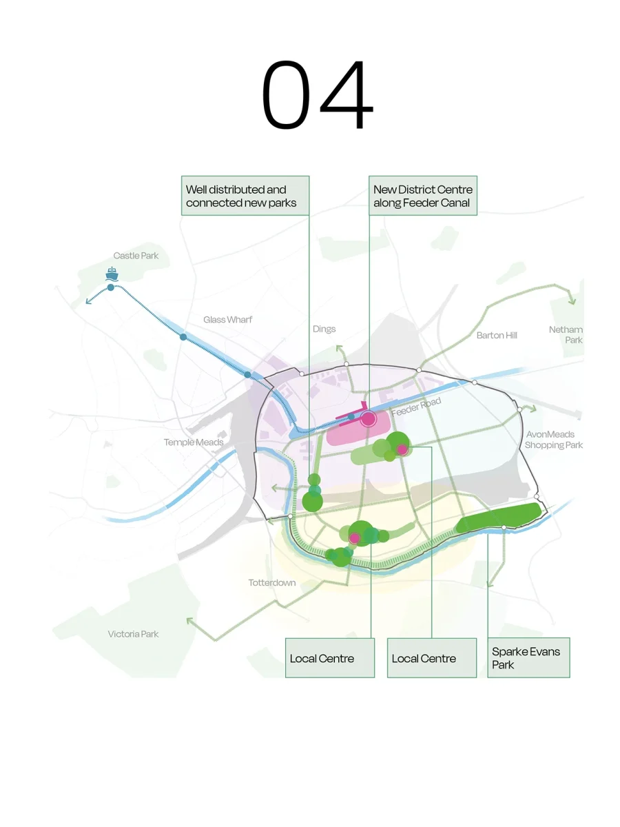 This map image illustrates key move number four to distribute a range of open spaces across the area to include easily accessible and inclusive areas.
