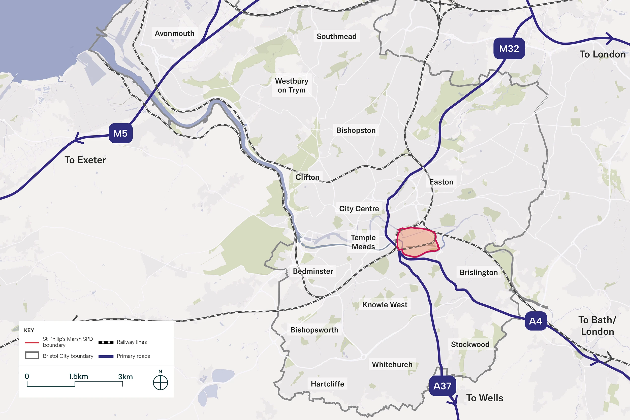 This map image shows where St Philip’s Marsh is located within the wider city.  Showing it centrally located close to Temple Meads Station.