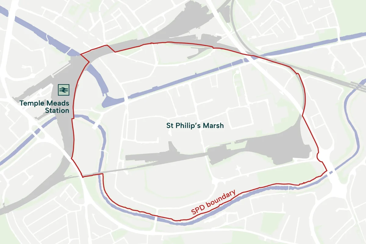 Basic map image with St Philip's Marsh SPD boundary line marked in red