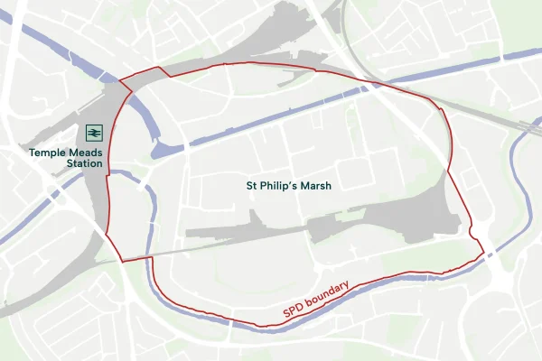 The boundary extends from Temple Meads Station in the West, around Silverthorne Lane to the North, following close to St Philip’s Causeway to the East, and along the River Avon to the South.