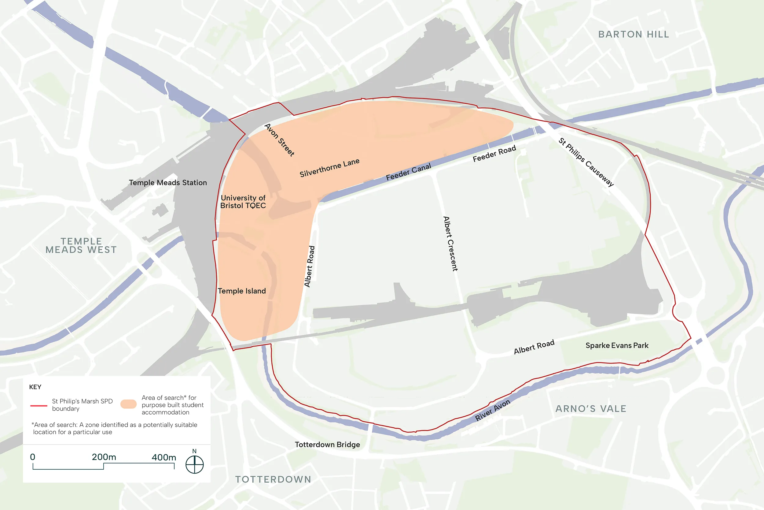 This image shows the areas identified in the North West area of St Philip’s Marsh including Temple Island, North West of Albert Crescent and the Silverthorne Lane area, which could be suitable areas for student accommodation.