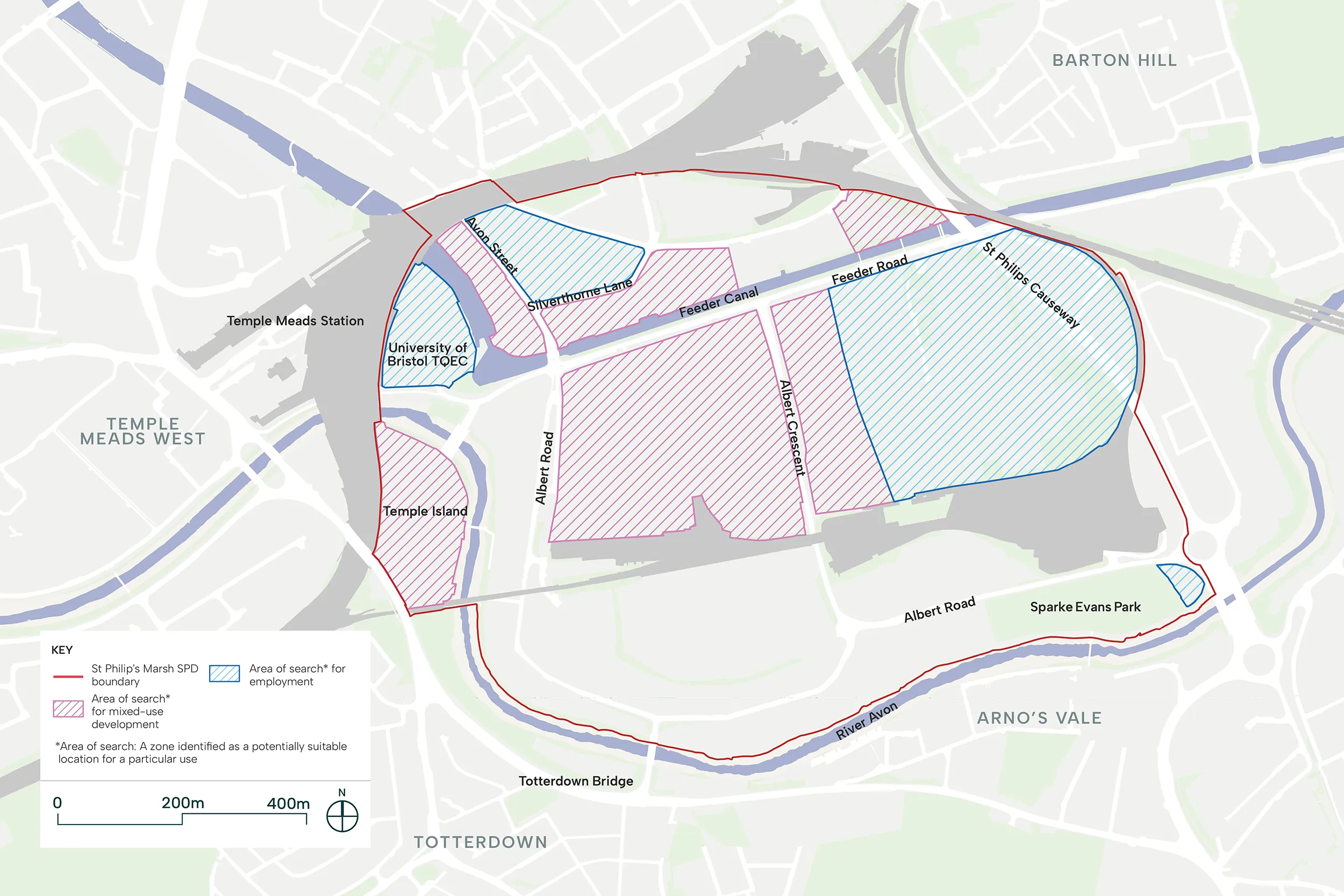 This image illustrates the text showing the areas to the North East and North West of St Philip’s Marsh that are areas for Employment or mixed use.