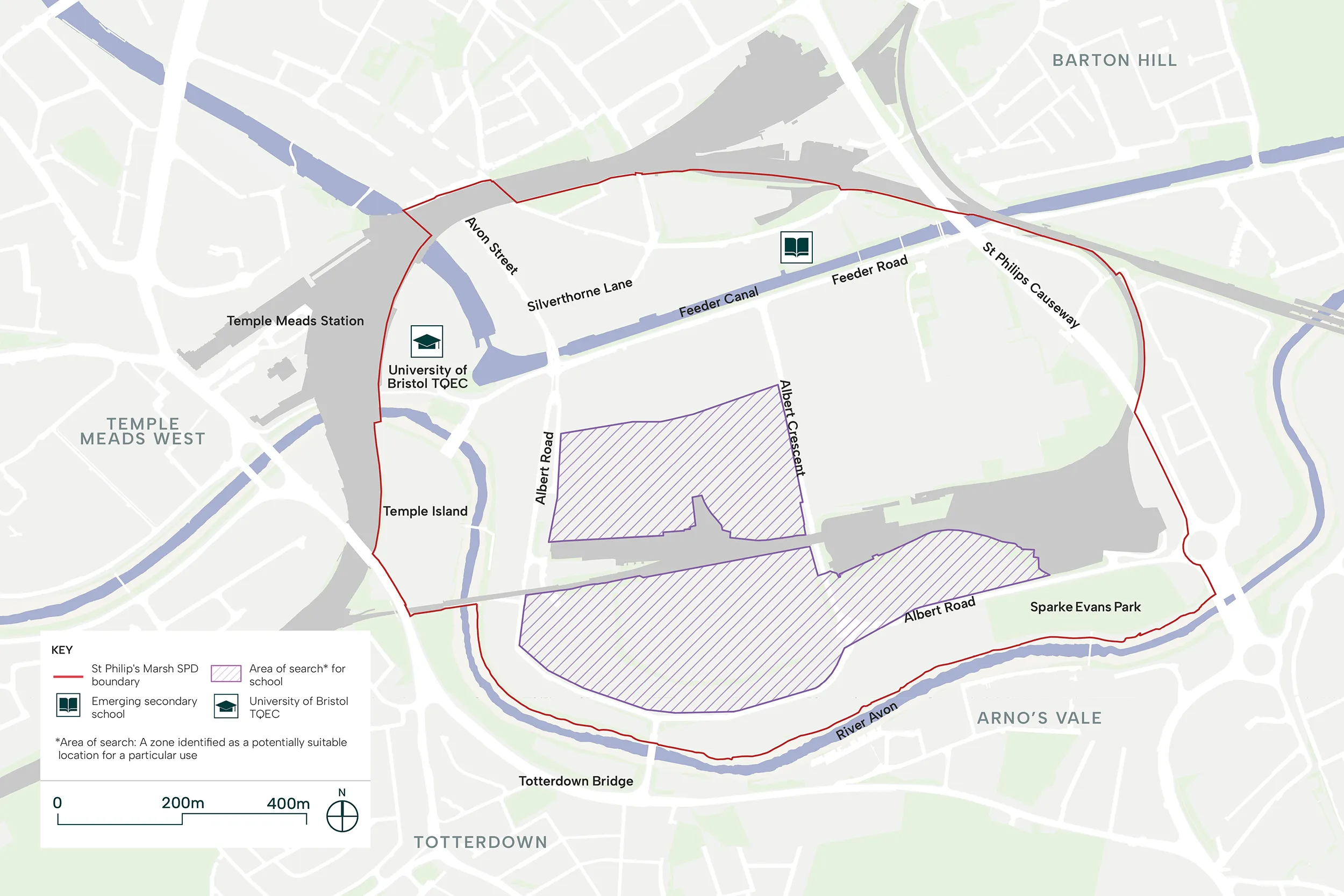 This map image shows where the new secondary school is being built on Silverthorne Lane to the north-east, the University of Bristol Enterprise Campus to the east of the Temple Meads station and an area of search for a new primary school to the north-west and south of St Philip’s Marsh.