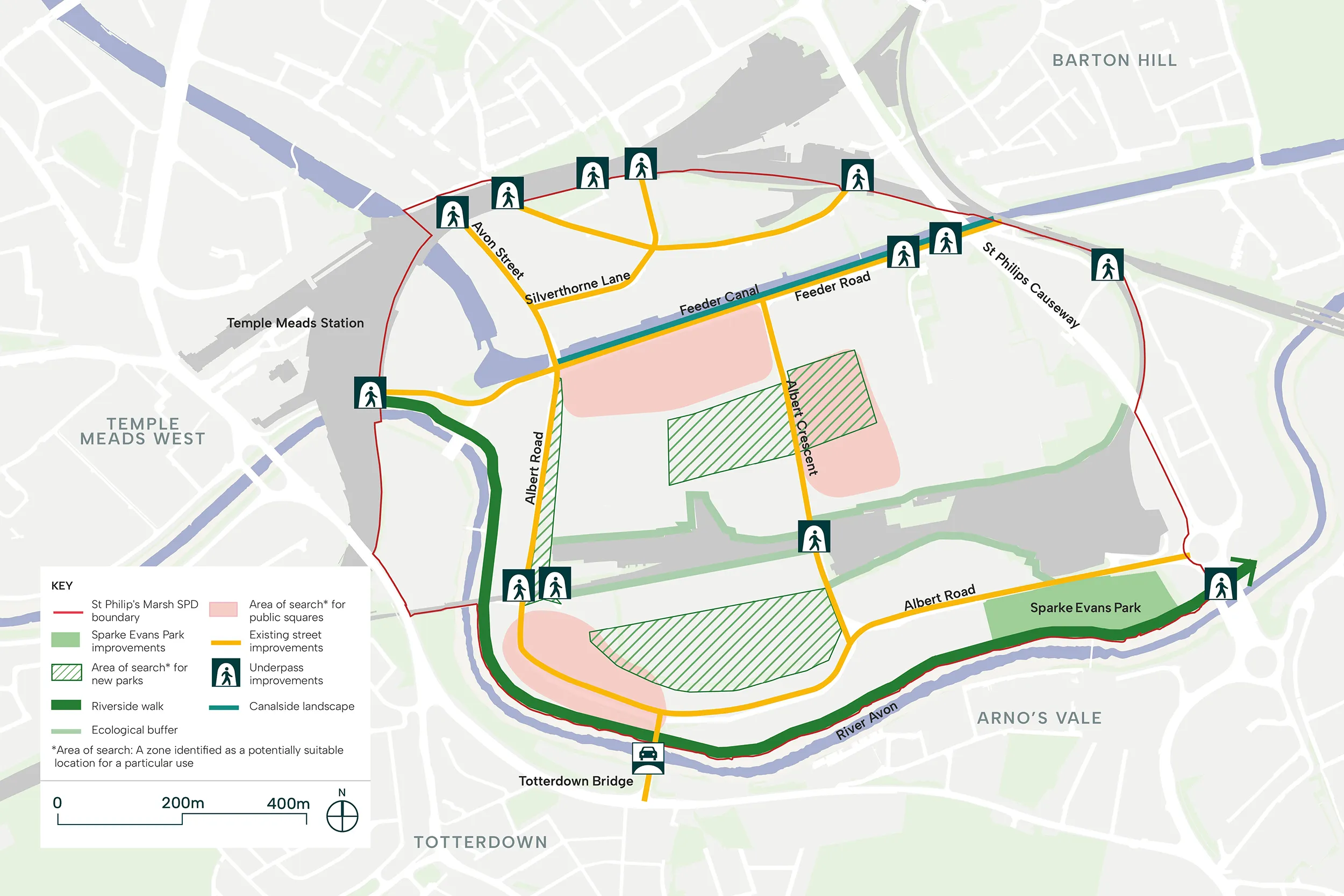 This map image shows Sparke Evans Park to the South East, two areas within which new parks could be located to the south and towards the middle of St Philip’s Marsh, and three areas within which public squares could be located to the south west, along Feeder Canal and centrally adjacent to Albert Crescent.