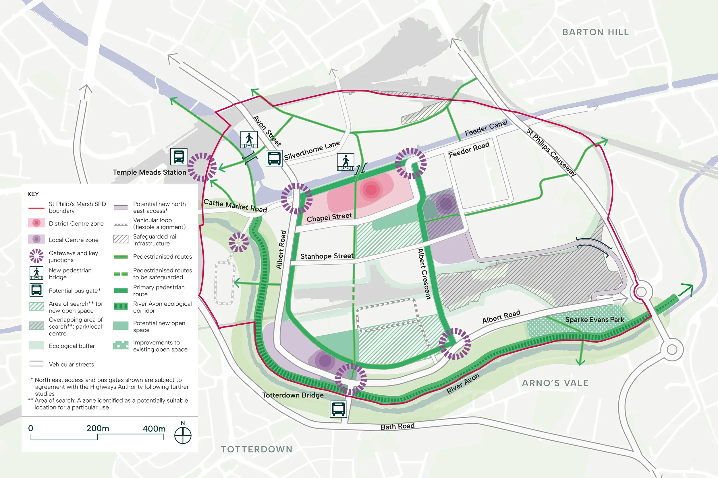 This image shows a map of the framework plan- this includes routes through St Philip’s Marsh, location of district and local centres, key pedestrian and vehicle routes and sites for potential green and open spaces.