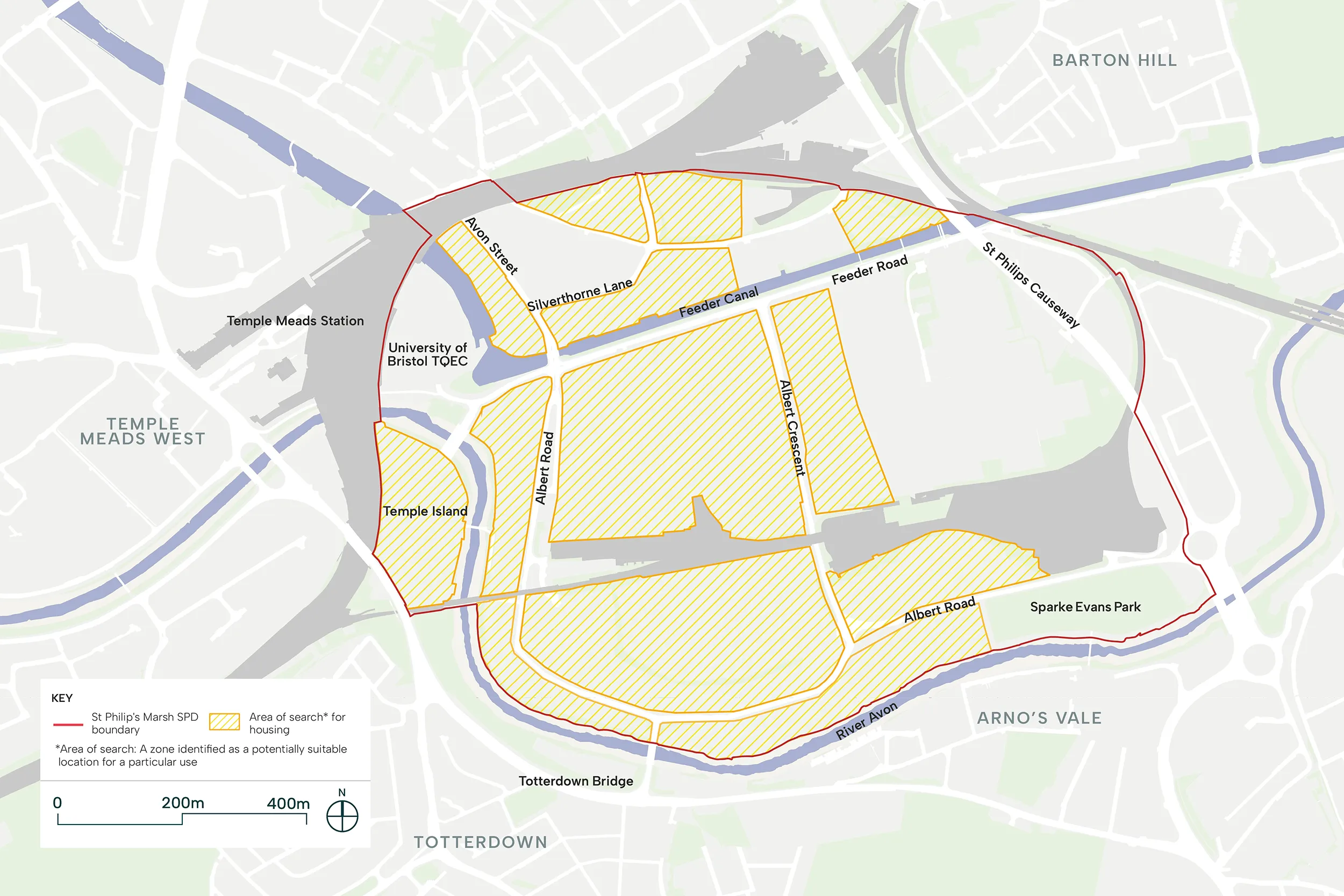 This map image shows suitable locations for housing in the North West, Silverthorne Lane, Temple Island and the South of St Philip’s Marsh.