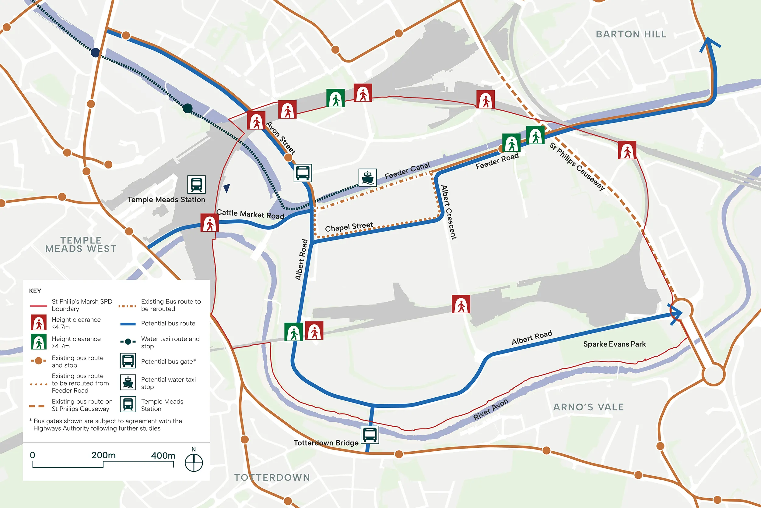 This map image illustrates the accompanying. It shows potential bus routes and stops. It also illustrates where tunnels are located and what the height of those tunnels is.