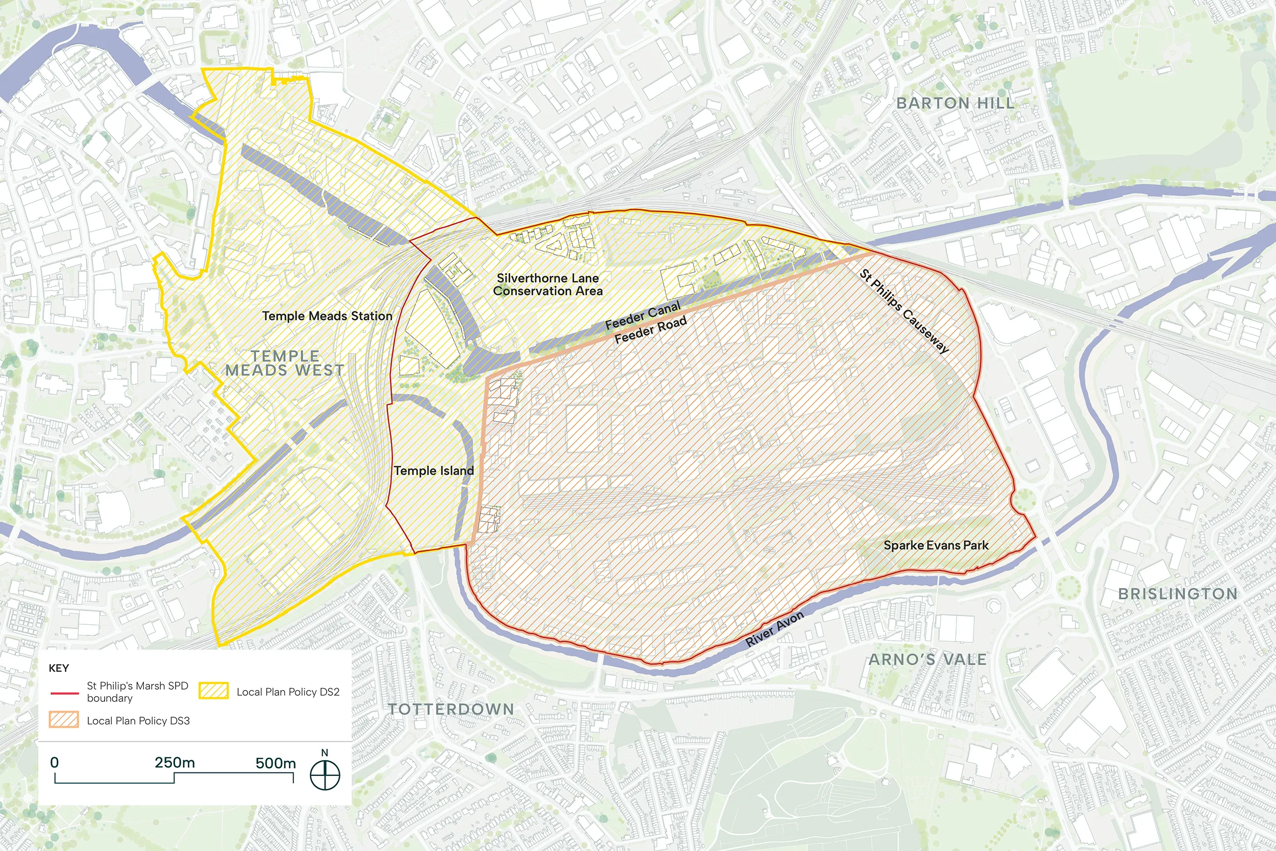 This map images shows the which local plan policies cover St Philip’s Marsh and the wider Bristol Temple Quarter Area with policy DS 2 covering Temple Means, Silverthorne Lane and Temple Island, and policy DS3 covering the rest of St Philip’s Marsh.