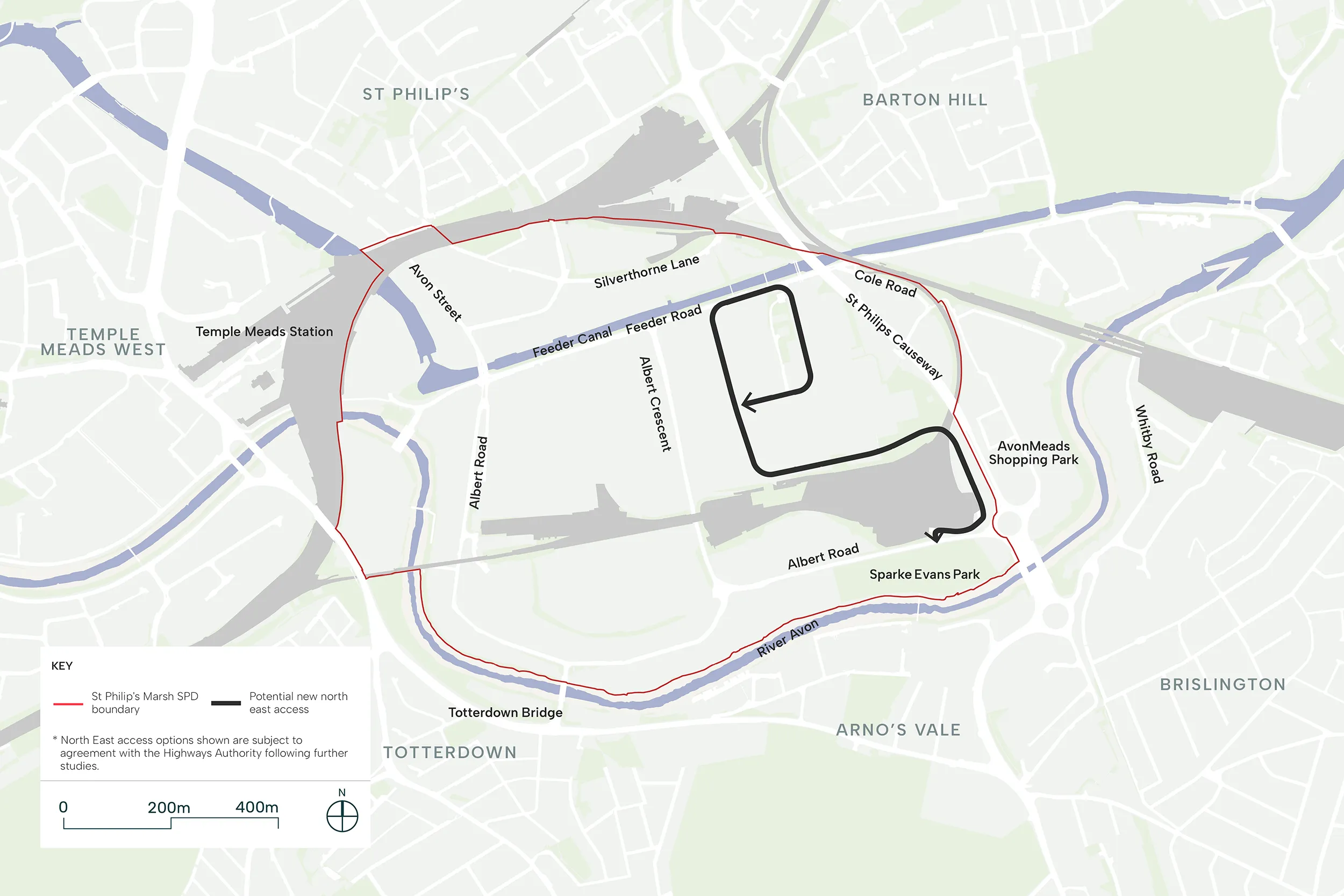 Potential New North East St Philip’s Marsh Access – option A This map image illustrates the accompanying text.