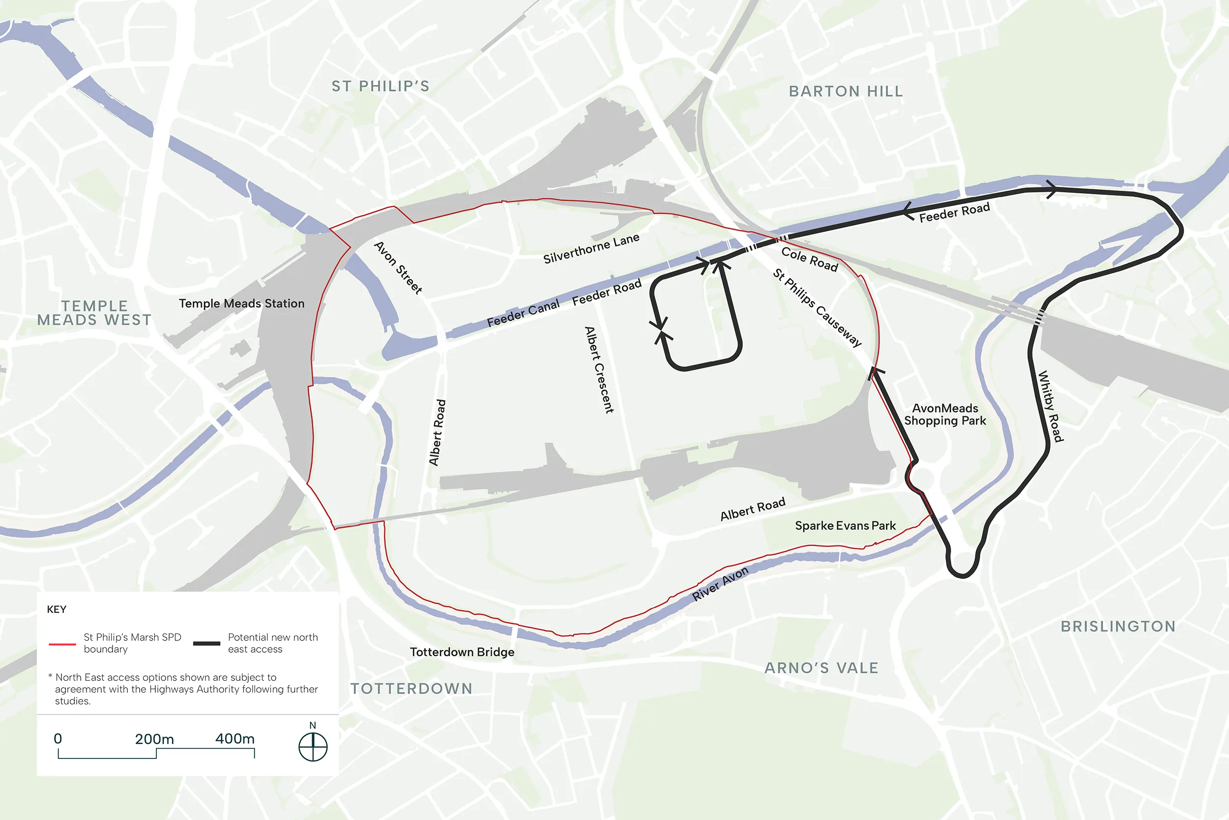 Potential New North East St Philip’s Marsh Access – option B. This map image illustrates the accompanying text.