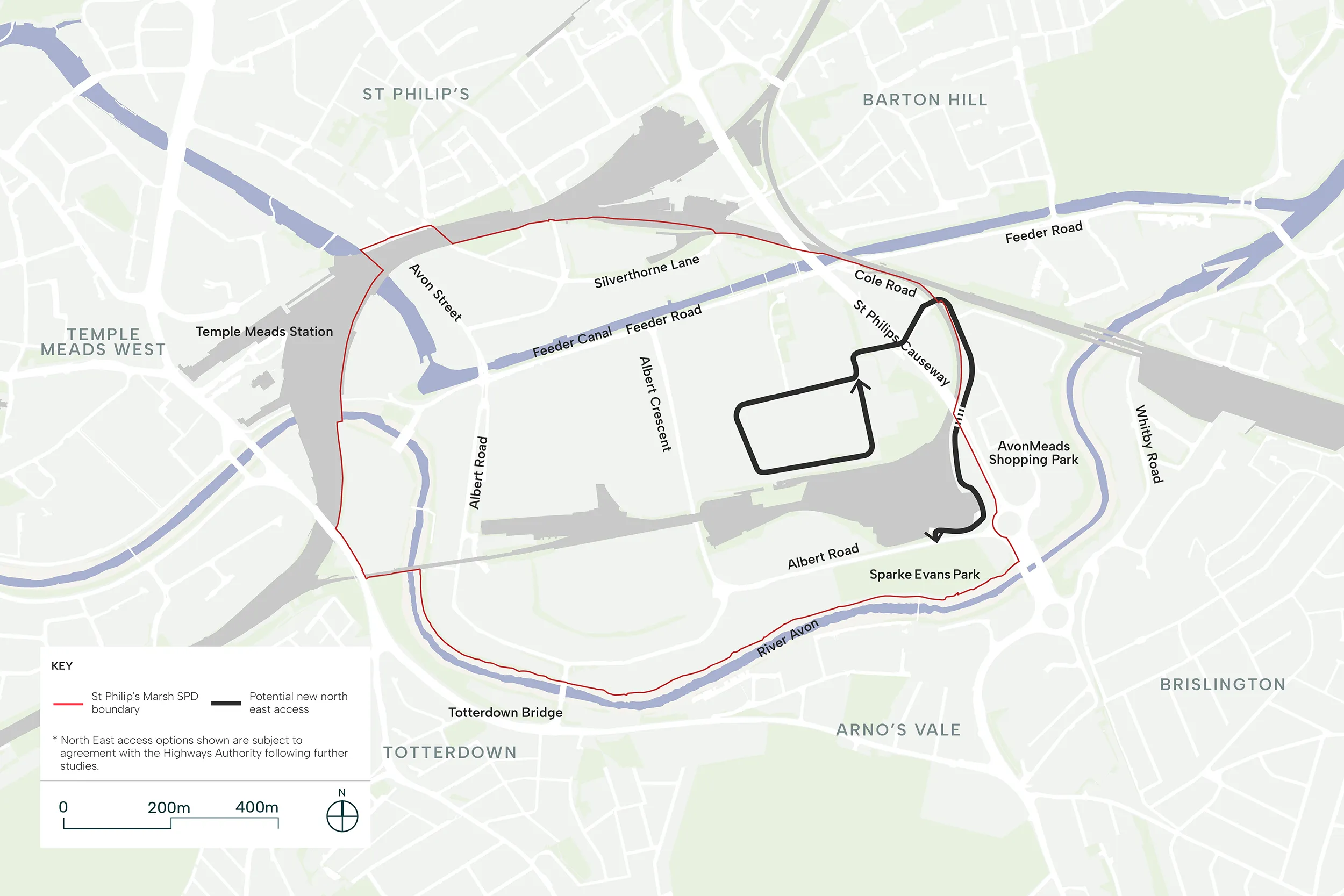 Potential New North East St Philip’s Marsh Access – option C. This map image illustrates the accompanying text.