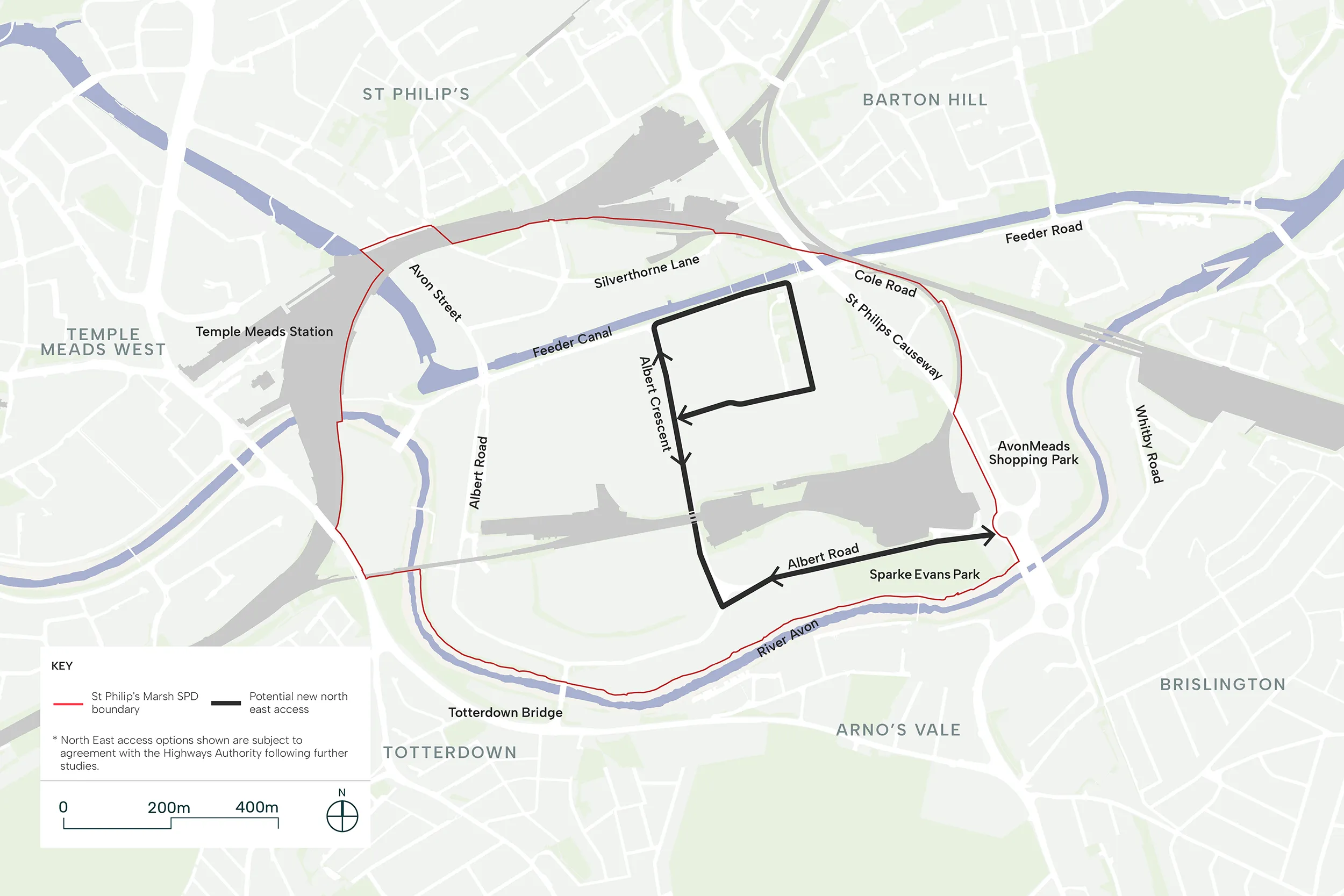 Potential New North East St Philip’s Marsh Access – option D. This map image illustrates the accompanying text.