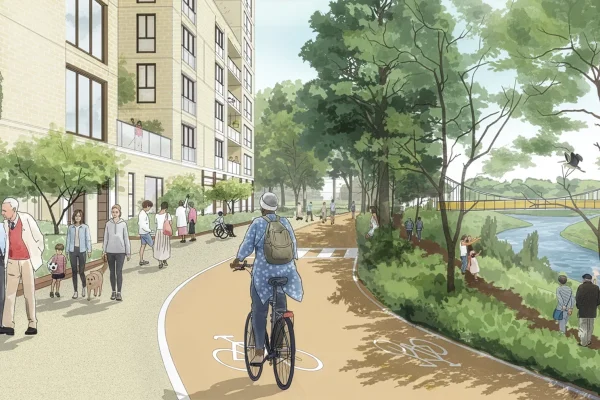 Illustration of a leafy riverside path beside a modern apartment building, with people walking, a cyclist riding along a marked bike lane, trees lining the route, and a pedestrian bridge crossing the water in the background.